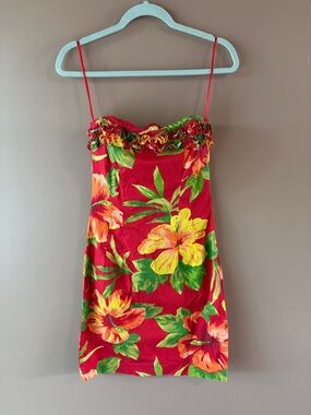 Vintage Ralph Lauren Red Tropical Floral Sundress with Ruffle Top